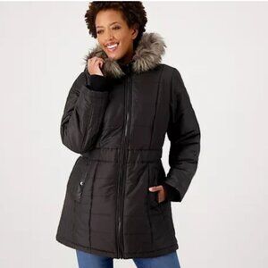 Susan Graver Water-Resistnt Puffer Coat Faux Leather Detail-Black-Medium-A461658